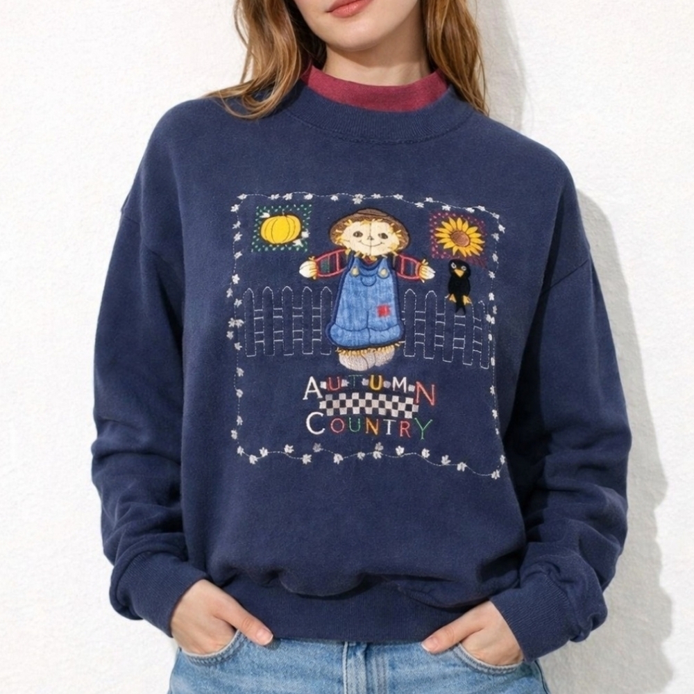 Vintage Pleasant Shade Autumn Country Scarecrow Fall Sweatshirt Sz L Made In USA